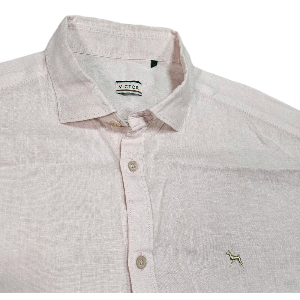 Victor 100% Linen Casual Shirt Mens L Short Sleeve Boxer Dog Powder Light Pink